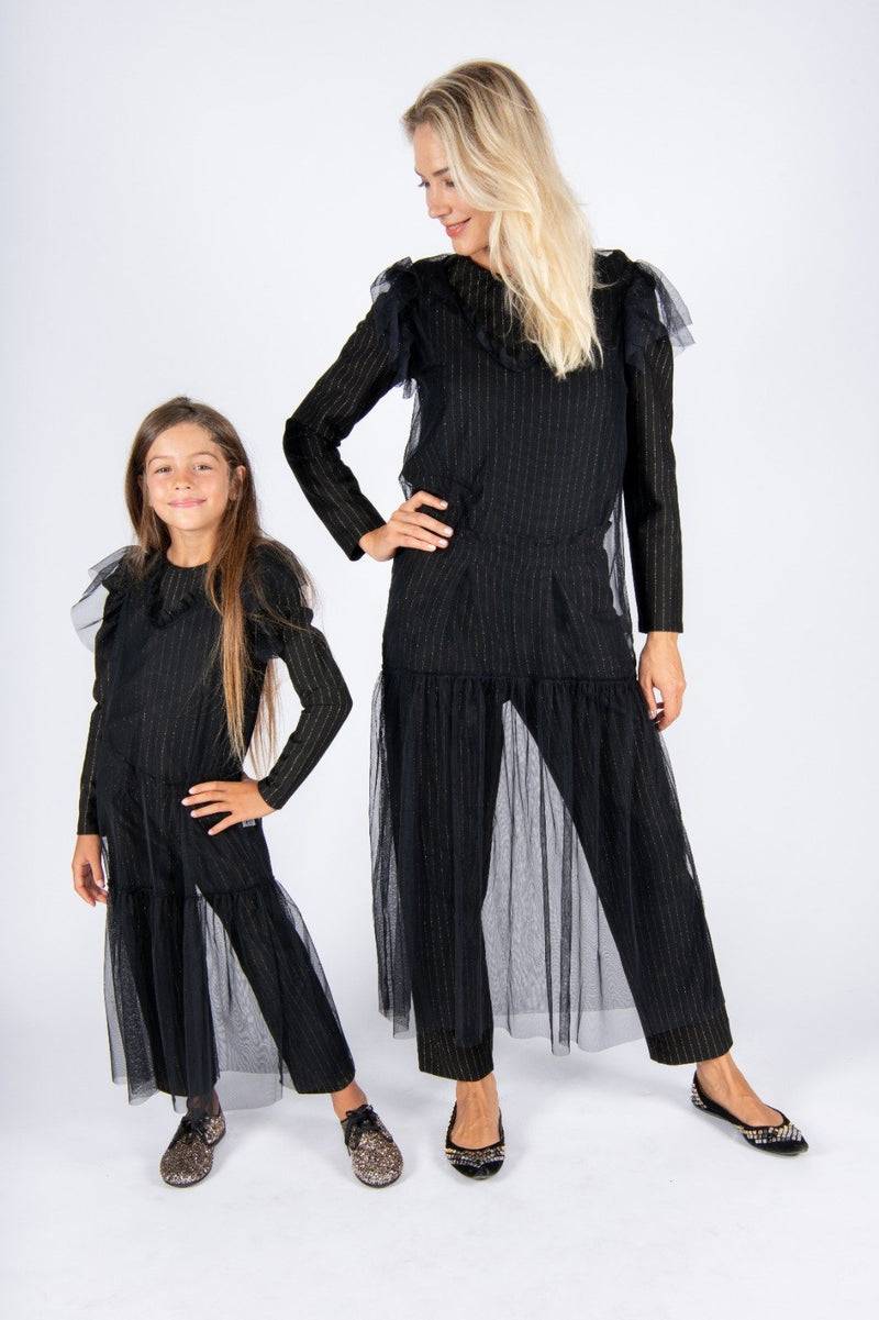 Olive E Miele MiniMe t-shirt Beth + pantalone Gertie gessato lurex + abito Mabel Saldi Di Fabbrica