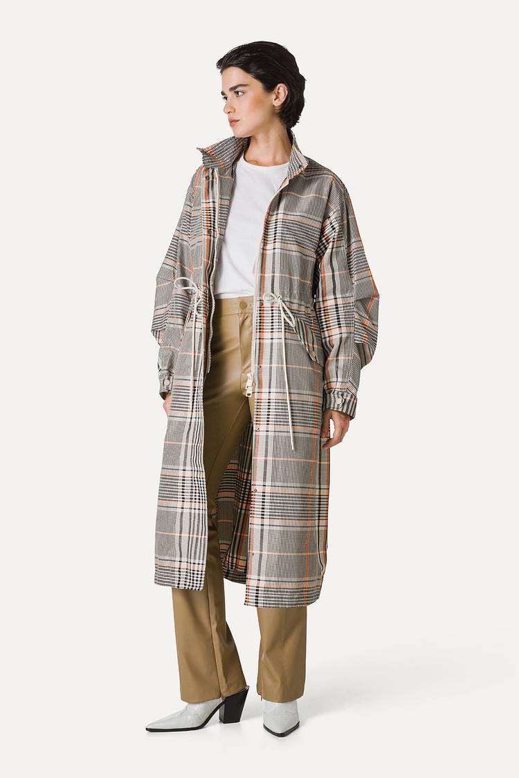 Oof Wear PARKA LUNGO OVER IN NYLON MEMORY CON DISEGNO CHECK 9211 - ARANCIO/CREMA Promozione Limitata