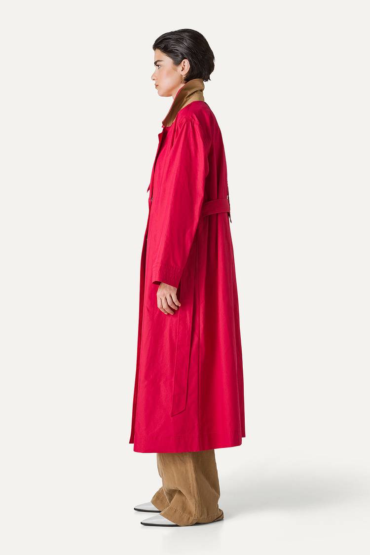 Oof Wear TRENCH LUNGO IN GABARDINA DI COTONE LEGGERO 9203 - LAMPONE Nuovo