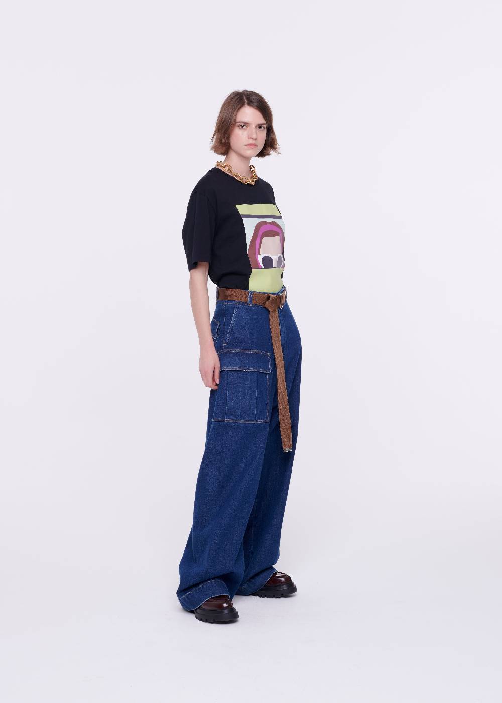 Plan C JEANS A GAMBA AMPIA CON CINTURA MARRONE Convenienza