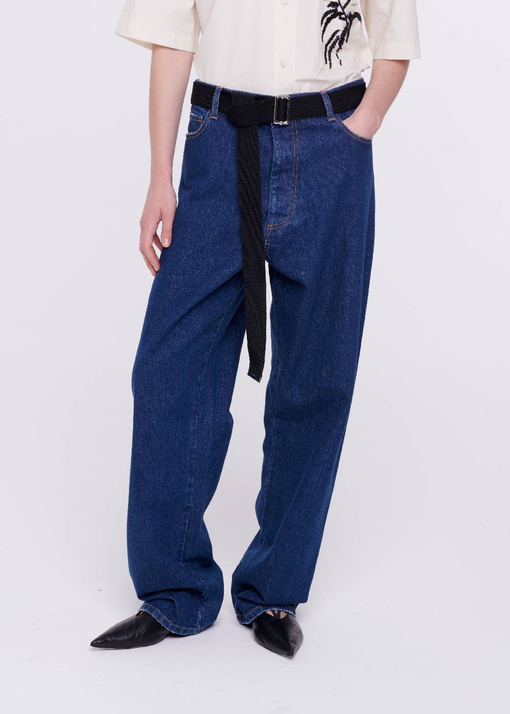 Plan C JEANS A GAMBA AMPIA CON CINTURA NERA Vendita calda