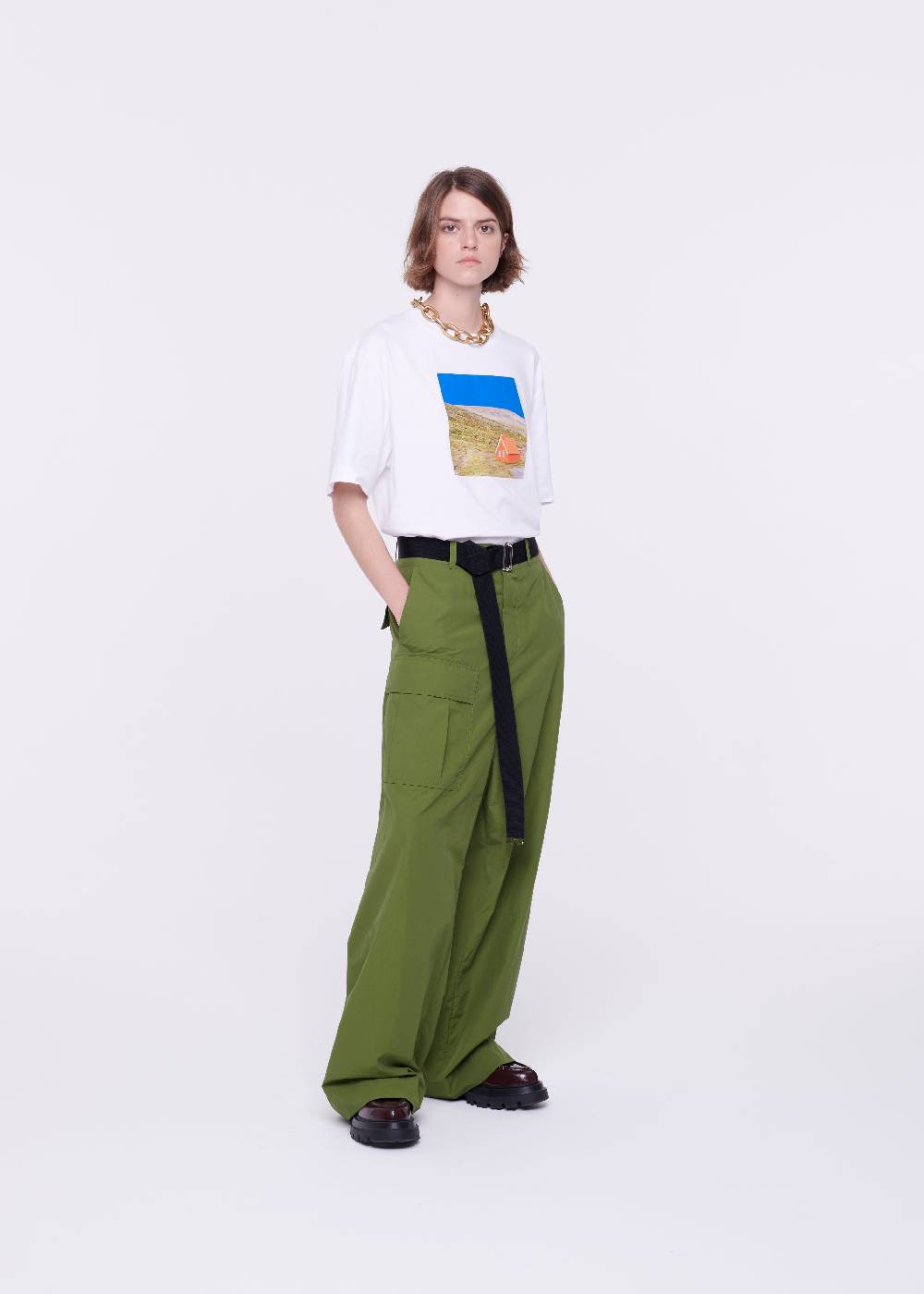Plan C PANTALONI CARGO VERDE MILITARE CON CINTURA Offerte esclusive