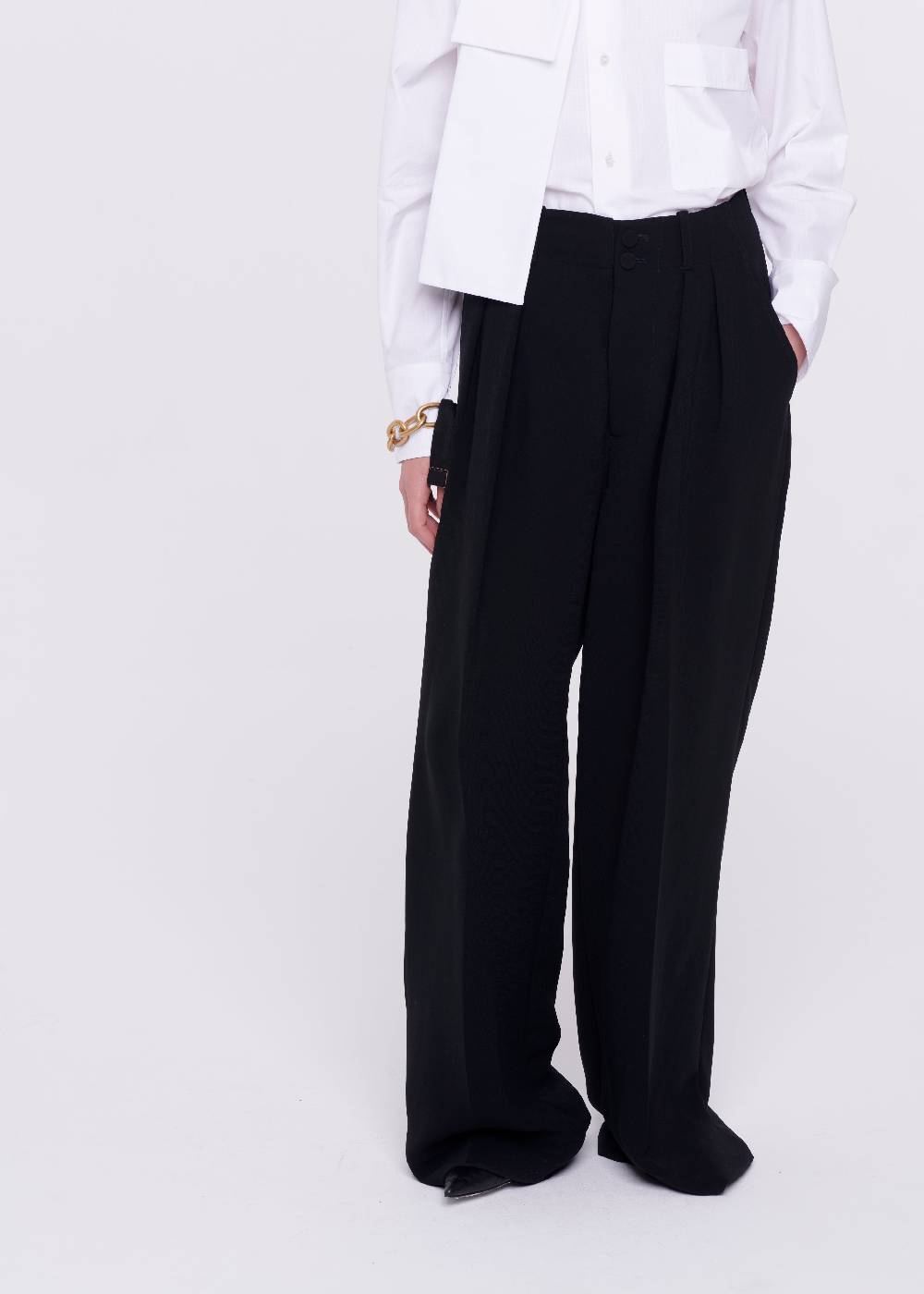 Plan C PANTALONI NERI A GAMBA AMPIA IN CADY Fino al 60% di sconto
