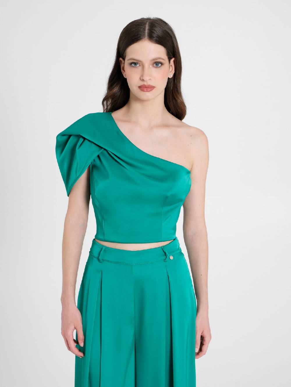 Rinascimento Top Monospalla in Satin Verde Trasporto libero internazionale