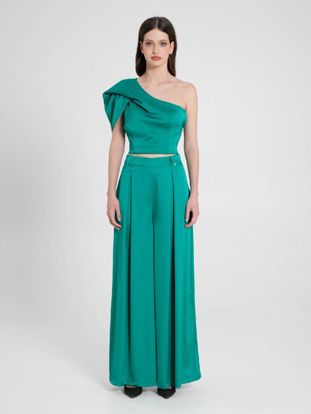 Rinascimento Pantaloni Palazzo in Satin Verde Giada Qualità