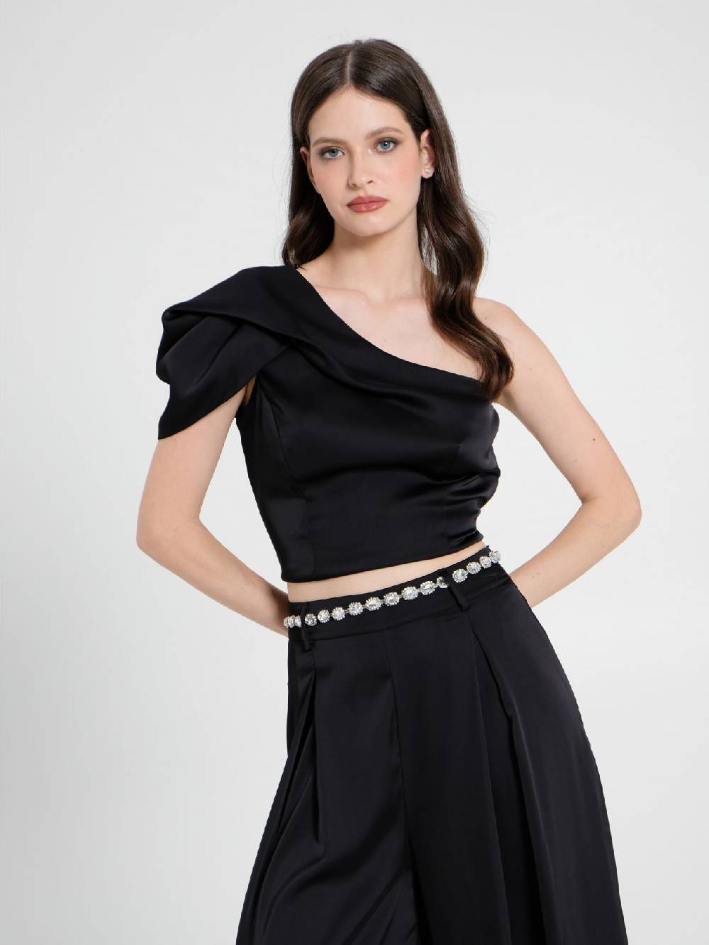 Rinascimento Top Monospalla in Satin Nero Presa