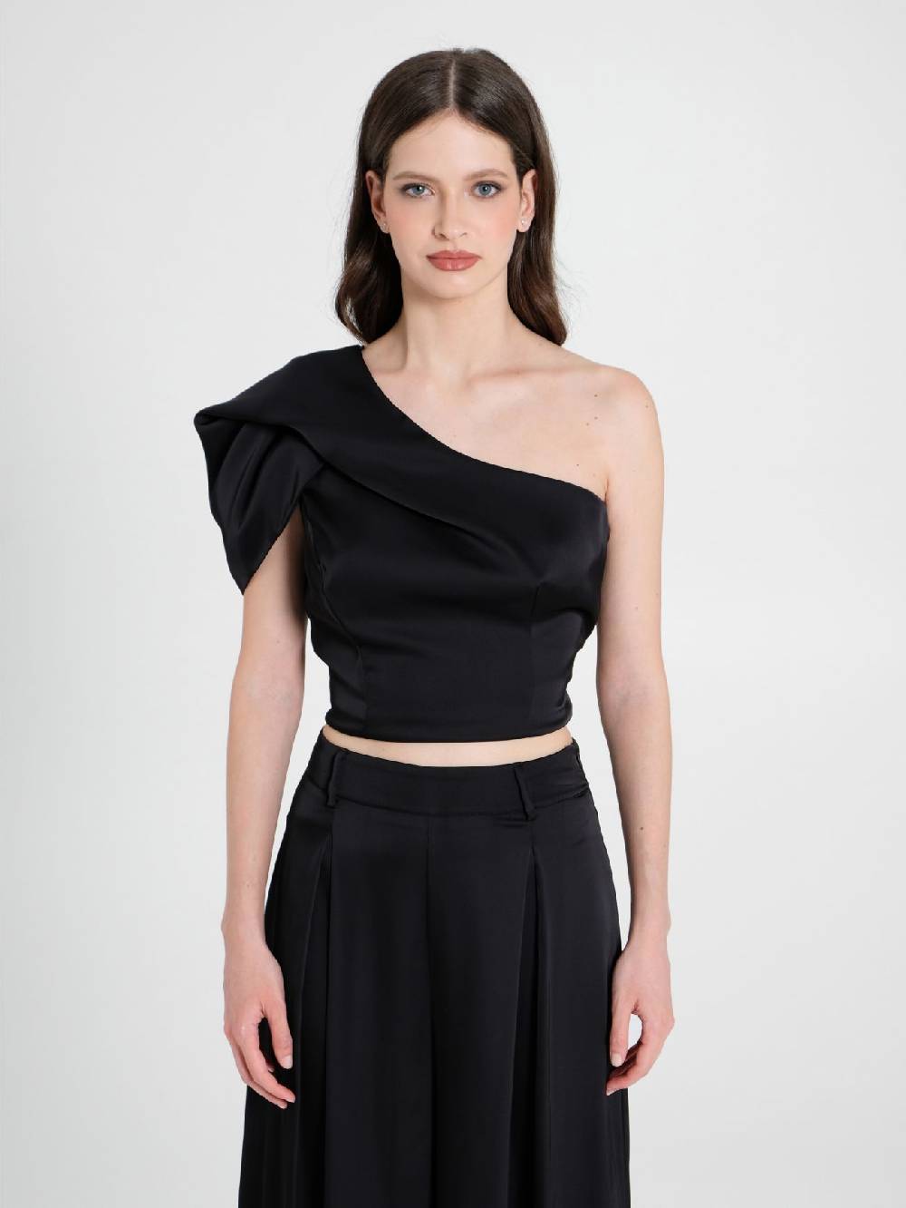 Rinascimento Top Monospalla in Satin Nero Presa