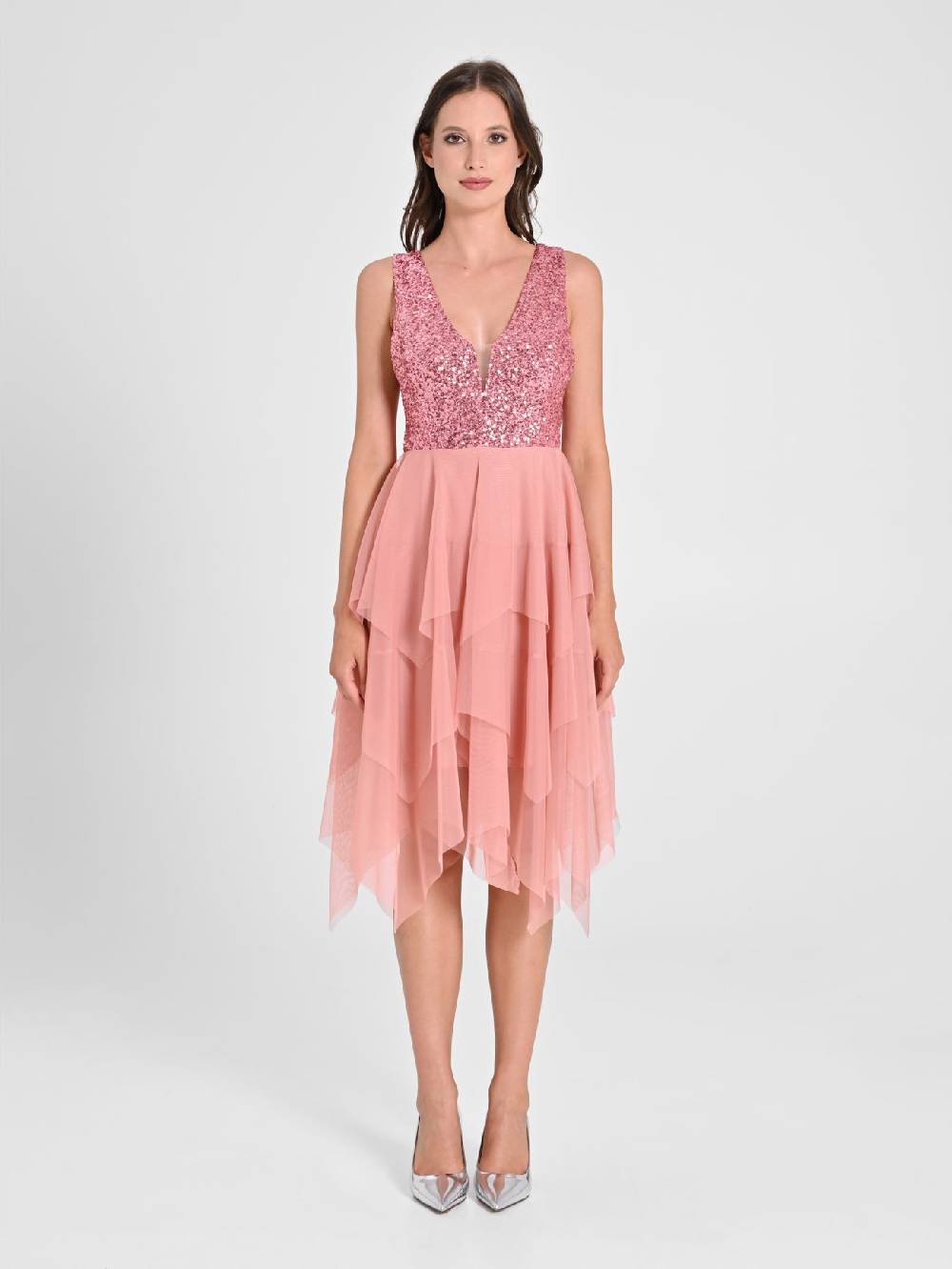 Rinascimento Abito in Tulle e Paillettes Rosa Vendita Calda