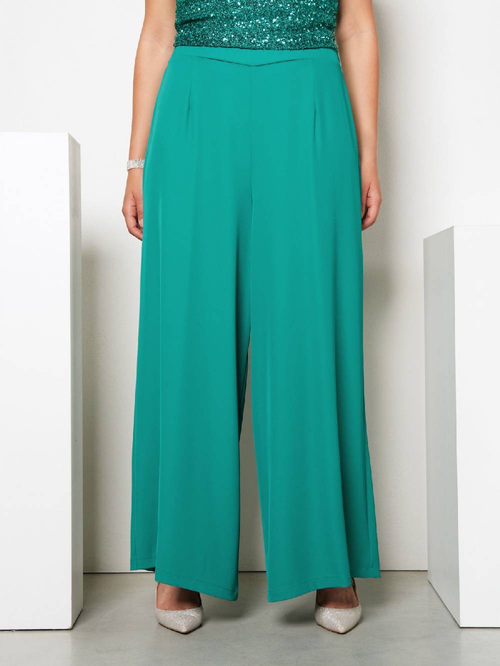 Rinascimento Pantaloni Palazzo Curvy Verde Giada Offerta per la Festa della Mamma