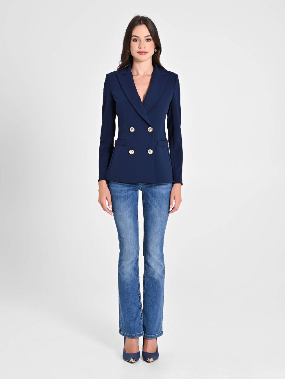 Rinascimento Giacca Doppiopetto Blu in Scuba mano Crepe Latest stili