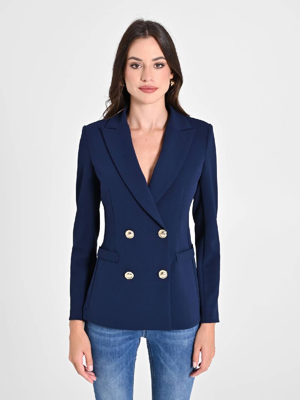 Rinascimento Giacca Doppiopetto Blu in Scuba mano Crepe Latest stili
