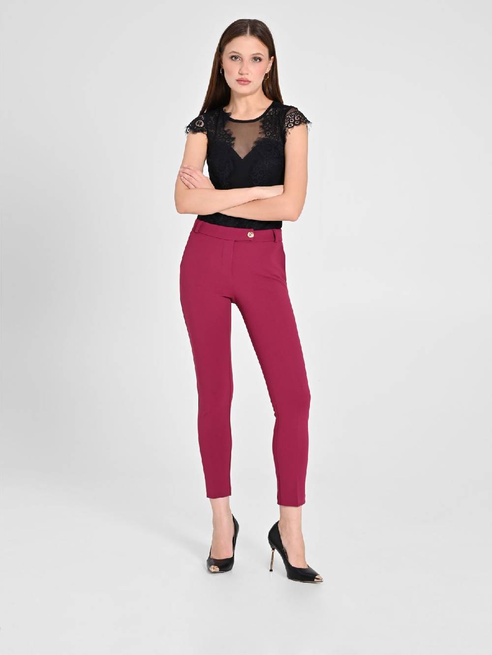 Rinascimento Pantaloni Straight in Scuba mano Crepe Bordeaux Enormi sconti