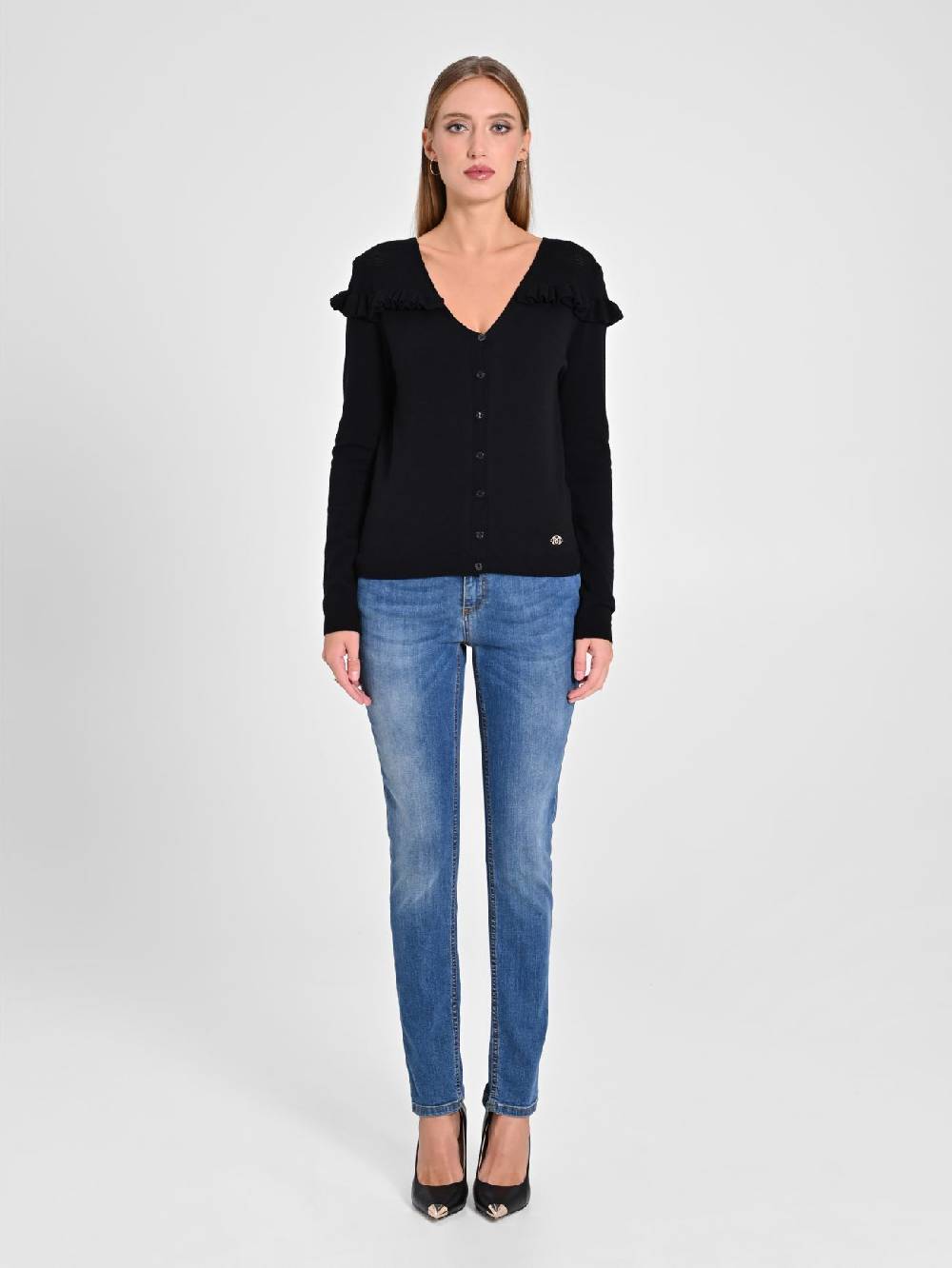 Rinascimento Cardigan Nero con Rouches Convenienza