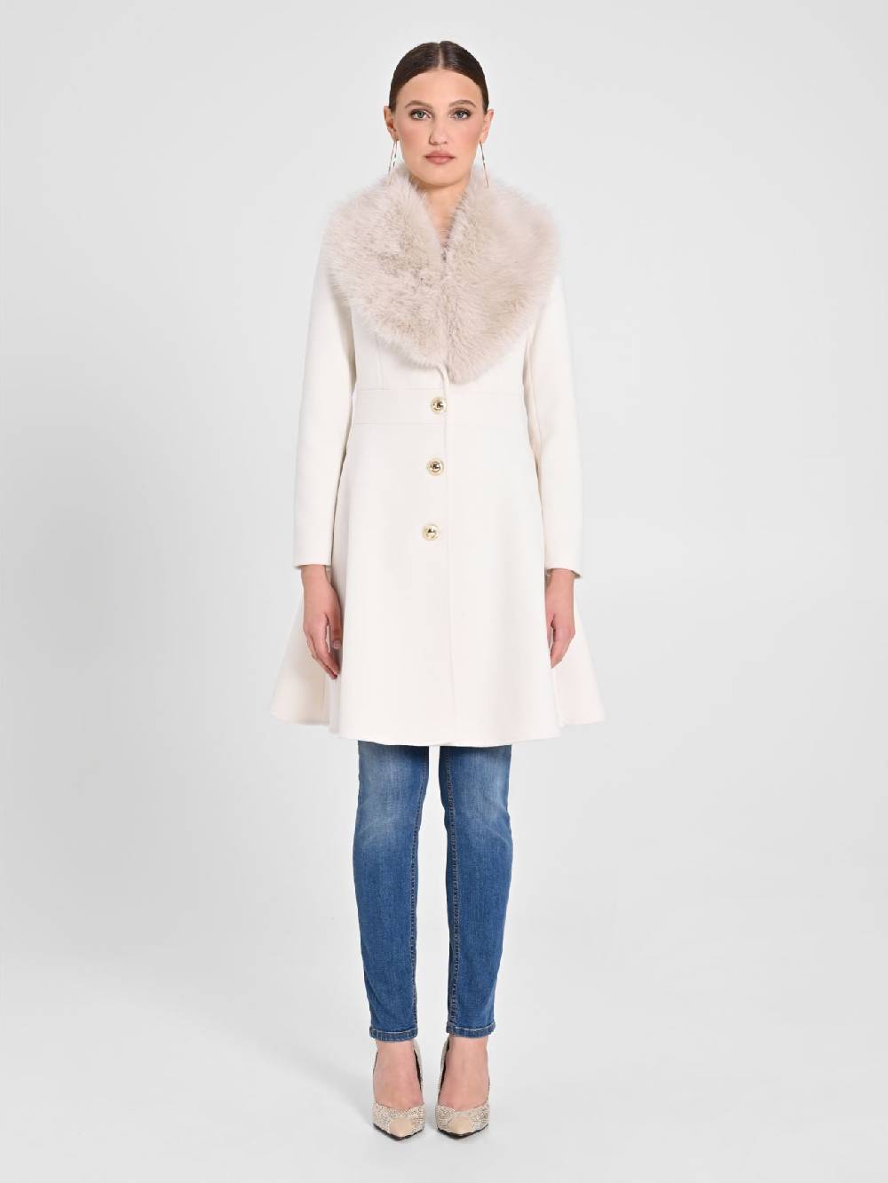 Rinascimento Cappotto Bianco con Collo effetto Pelliccia Sconto