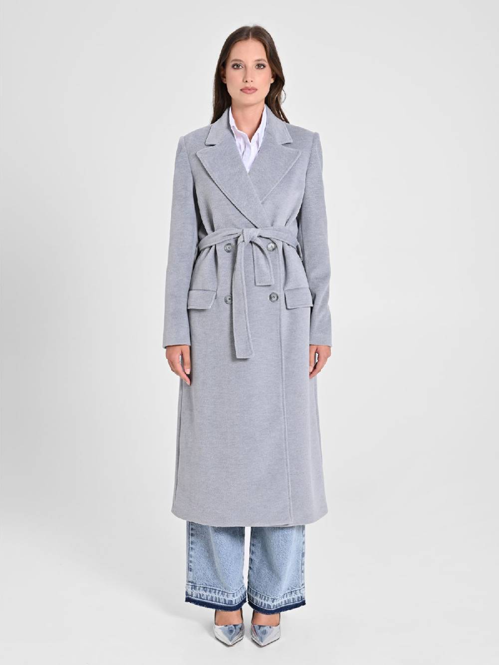 Rinascimento Maxi Cappotto Grigio con Cintura Sottocosto