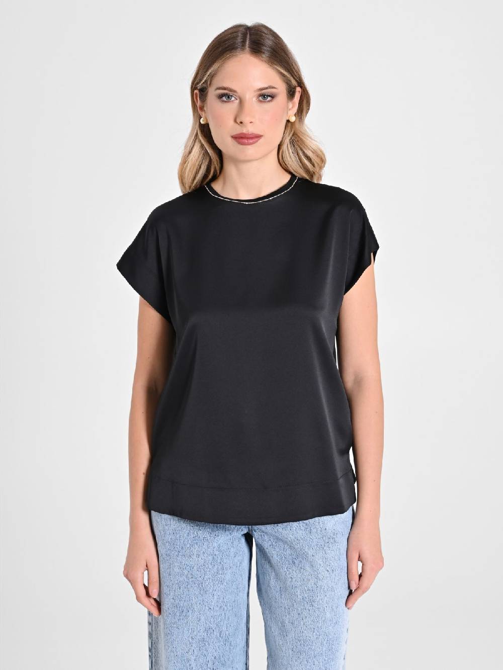 Rinascimento Blusa Envers Satin Nera Nuova