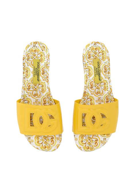DOLCE & GABBANA KIDS Slide In Pelle Gialla Con Logo DG e Stampa Maiolica - DOLCE & GABBANA KIDS Esporta salva