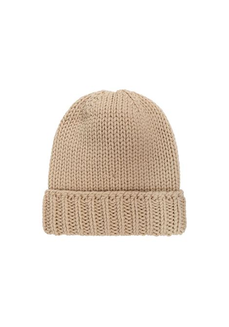 MONCLER ENFANT Berretto In Maglia Rasata Beige Chiaro Con Logo - MONCLER ENFANT Spedizione Gratuita