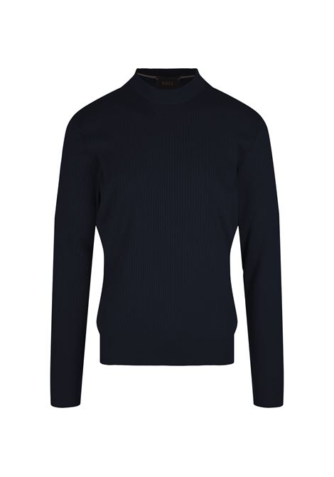 BOSS Maglione Regular Fit In Seta e Cotone Blu - BOSS Consegna Veloce