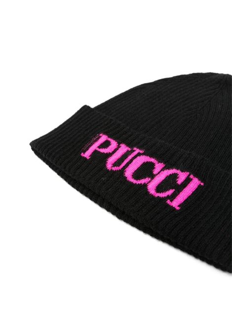 EMILIO PUCCI JUNIOR Berretto a Coste Nero Con Logo Fucsia - EMILIO PUCCI JUNIOR Super sconto