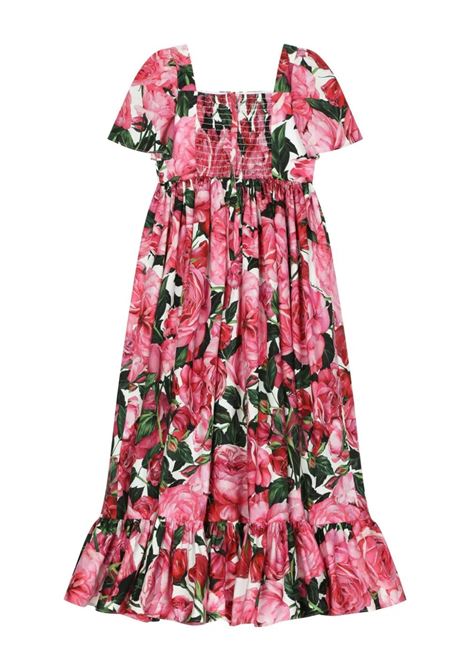DOLCE & GABBANA KIDS Abito In Popeline Con Stampa Di Rose Su Sfondo Bianco - DOLCE & GABBANA KIDS Sottocosto
