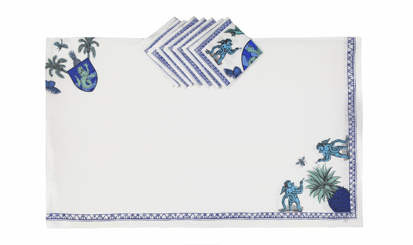 Sans Tabù Tovaglia Bianca Blu in lino grezzo stampato & 8 tovaglioli- Aristo Pop Negozi Online