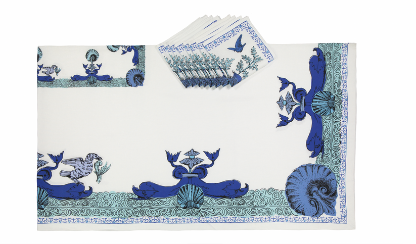 Sans Tabù Tovaglia Bianca Blu in lino grezzo stampato & 8 tovaglioli- Aristo Pop Negozi Online