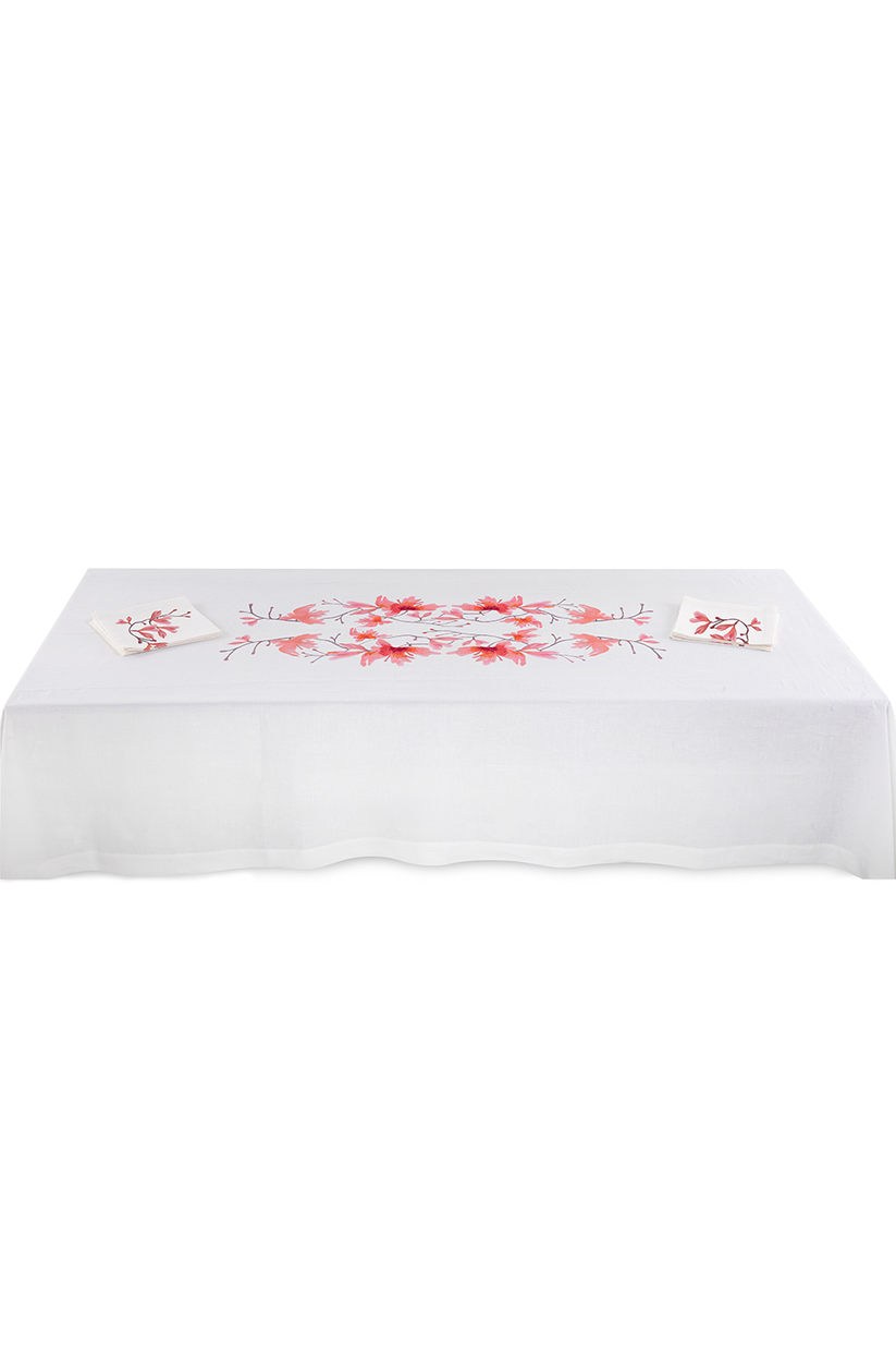 Sans Tabù Tovaglia Bianca in lino grezzo ricamata & 8 tovaglioli - Peach Blossom Negozio