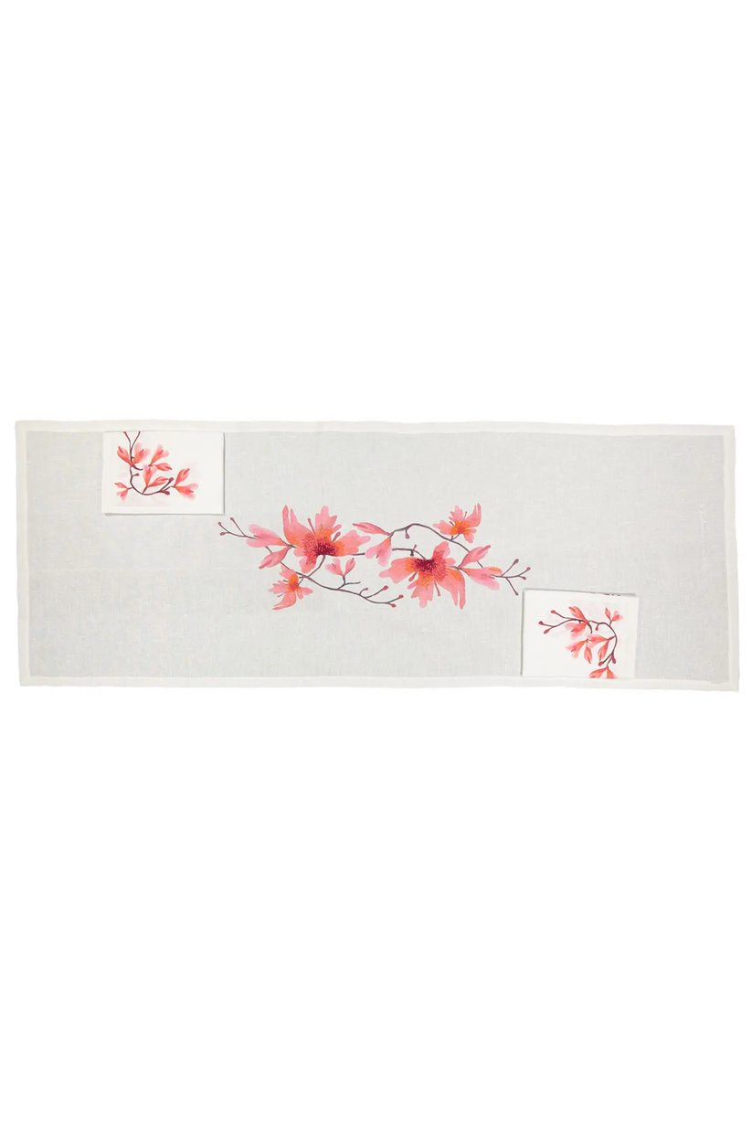 Sans Tabù Runner in lino grezzo ricamato & 2 tovaglioli - Peach Blossom In Saldo