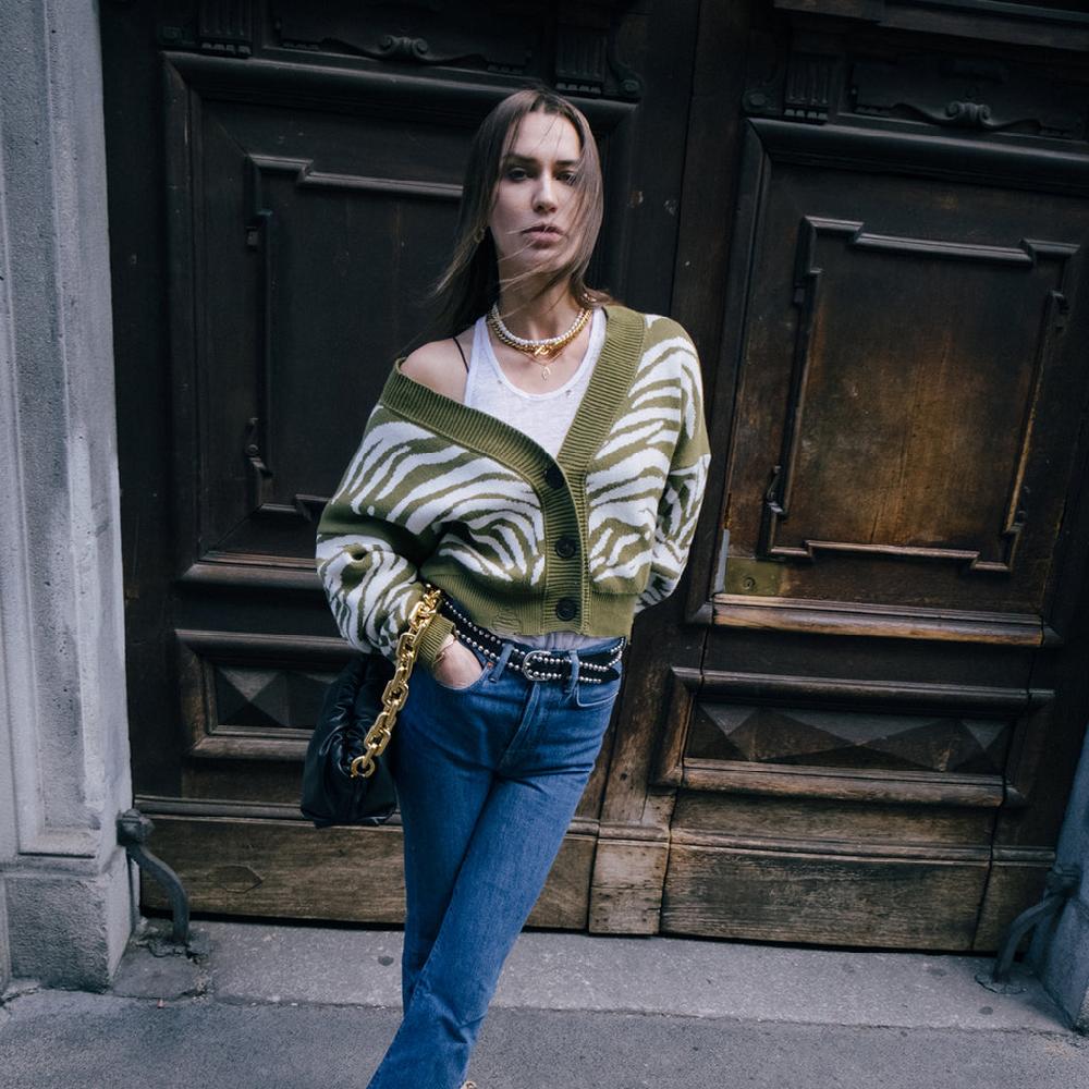 Sveta Milano Cardigan corto jacquard Janis in verde militare e bianco Offerta