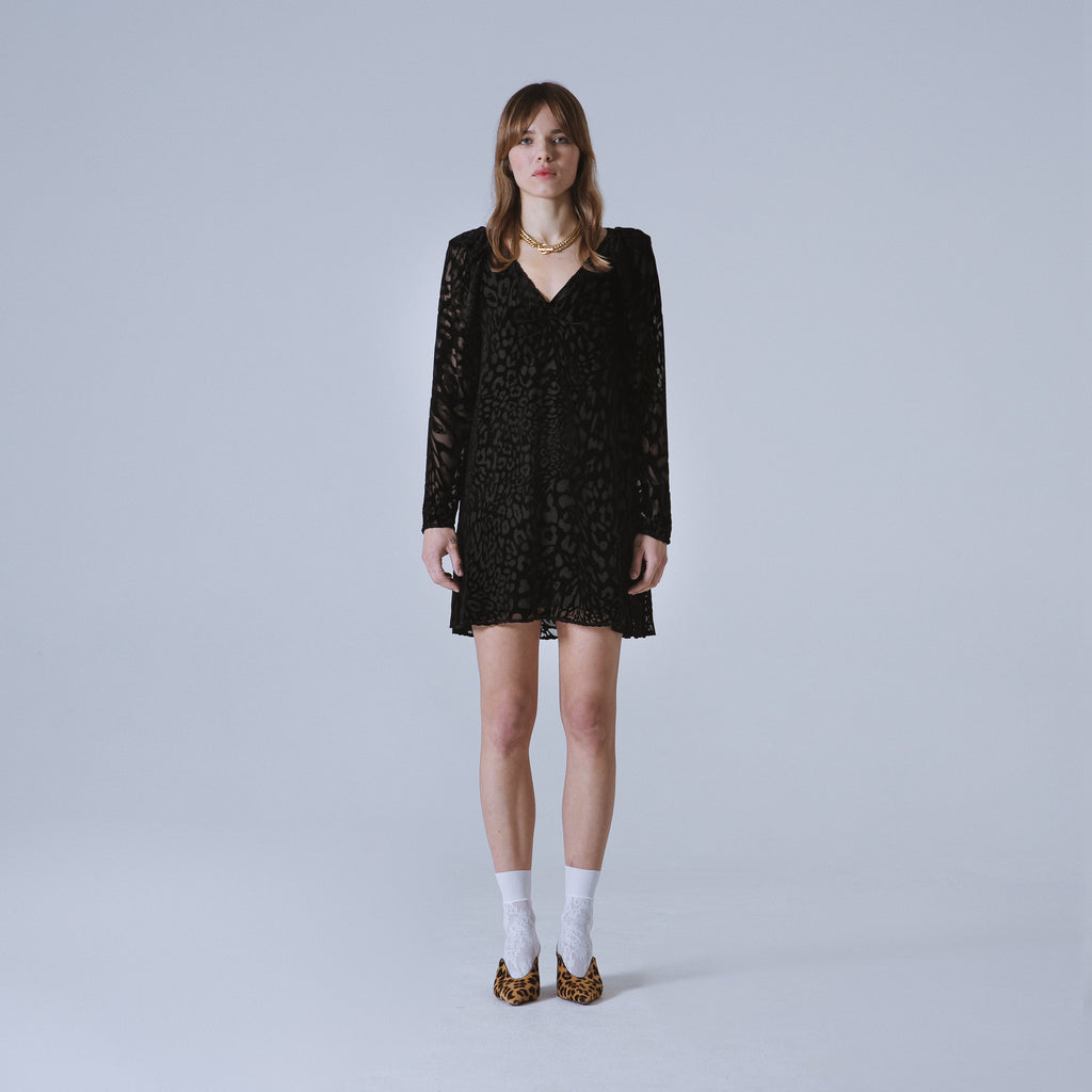 Sveta Milano Abito Yale con motivo leopardo su velluto nero Offerta esclusiva
