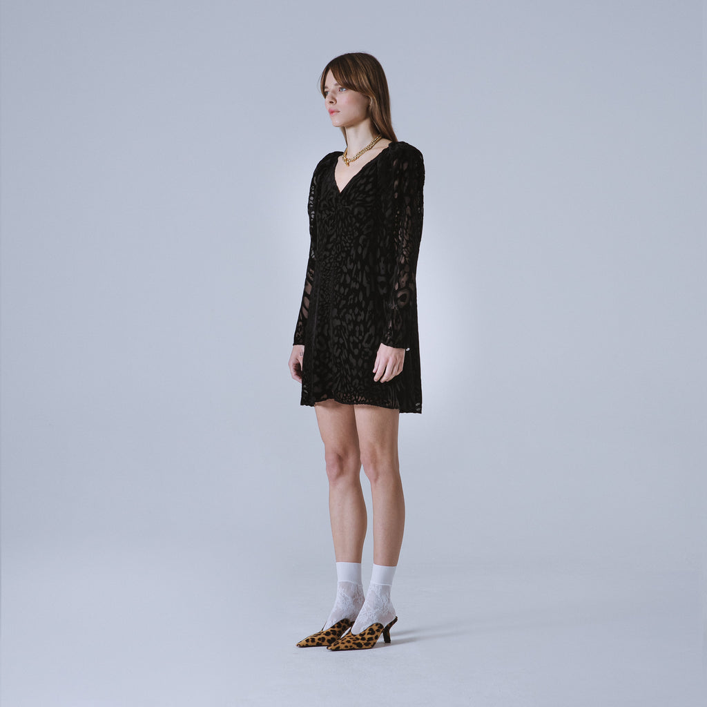 Sveta Milano Abito Yale con motivo leopardo su velluto nero Offerta esclusiva