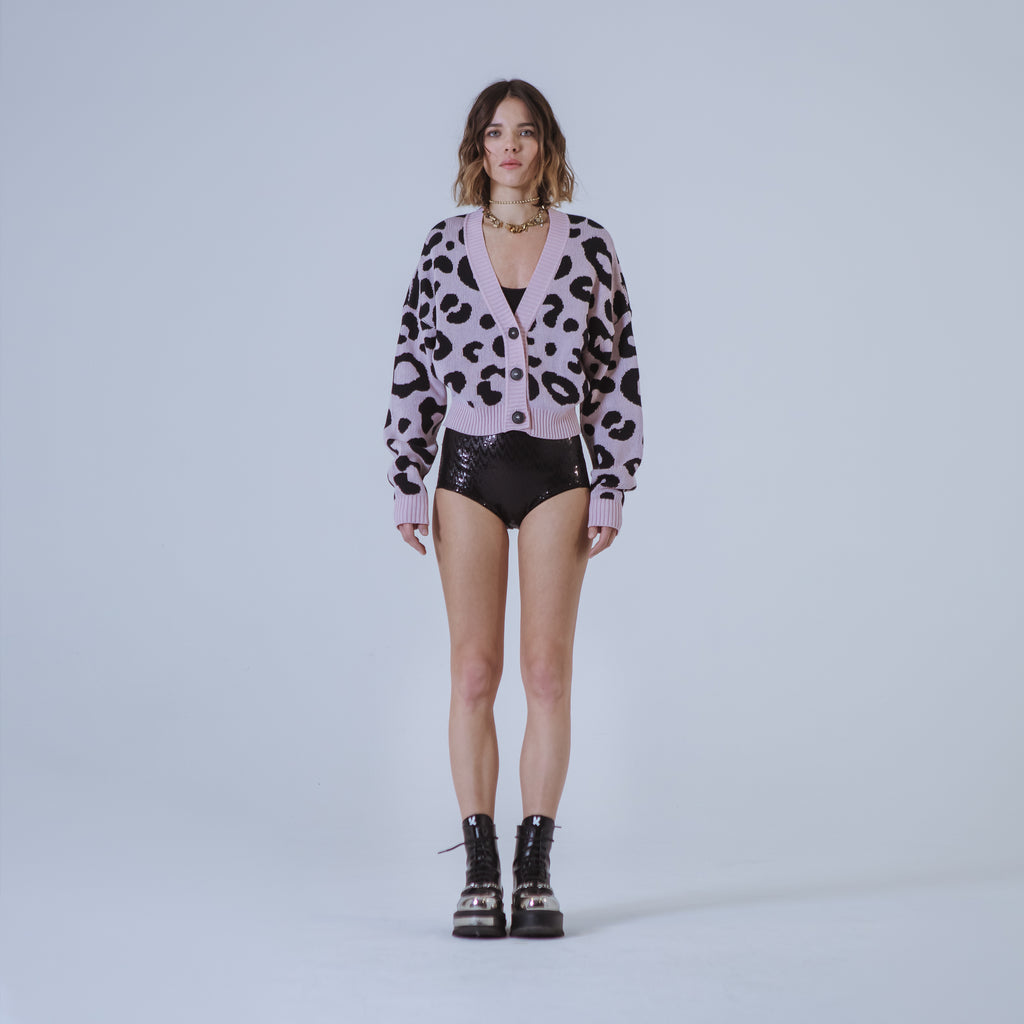 Sveta Milano Cardigan corto jacquard Dakota in rosa e nero Offerta San Valentino