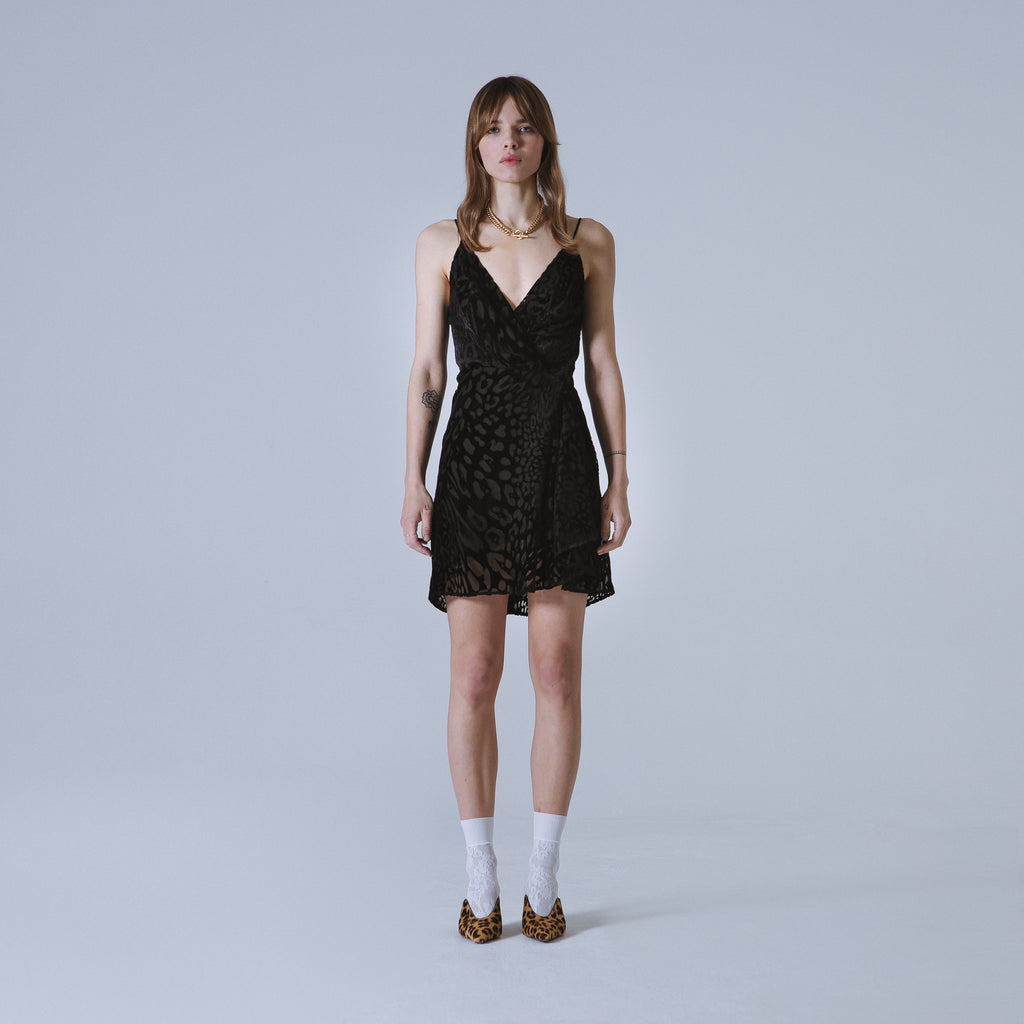 Sveta Milano Abito Nancy in velluto nero con motivo leopardo Promozione temporanea
