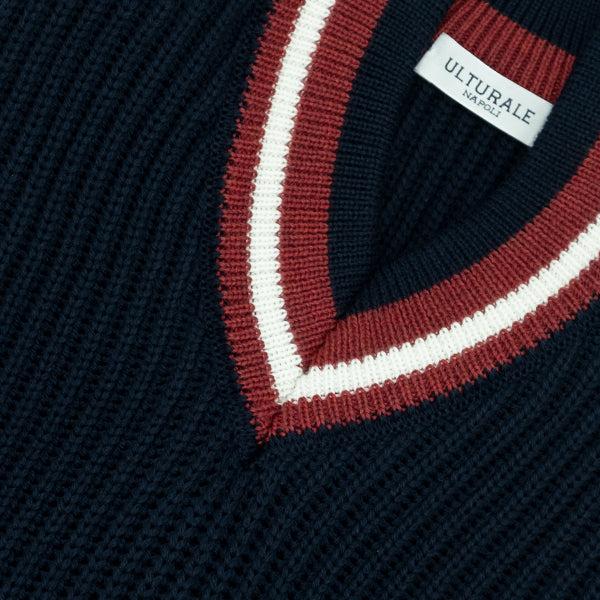 Ulturale Pullover blu in maglia inglese con scollo V a contrasto – Ulturale Shopping Online