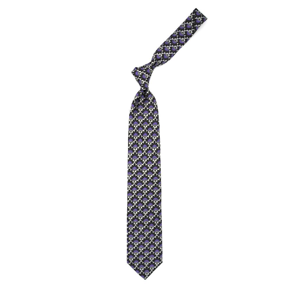Ulturale Cravatta con pattern a ventaglio floreale viola grigio e nero in seta – Ulturale Affare Del Giorno