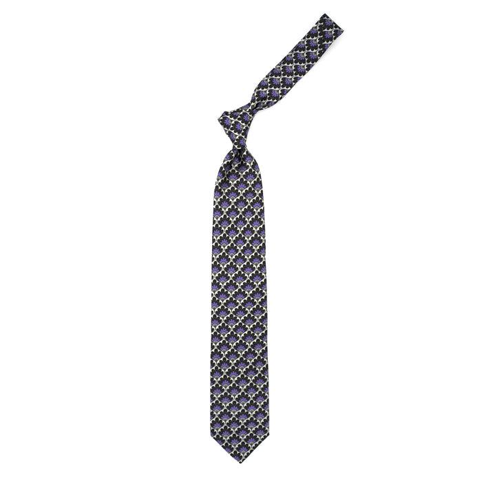Ulturale Cravatta con pattern a ventaglio floreale viola grigio e nero in seta – Ulturale Affare Del Giorno