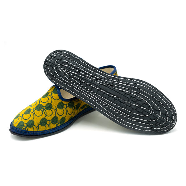 Ulturale Furlane con pattern astratto giallo e verde e bordo blu in 100% velluto di cotone - Ulturale Prezzo Ridotto