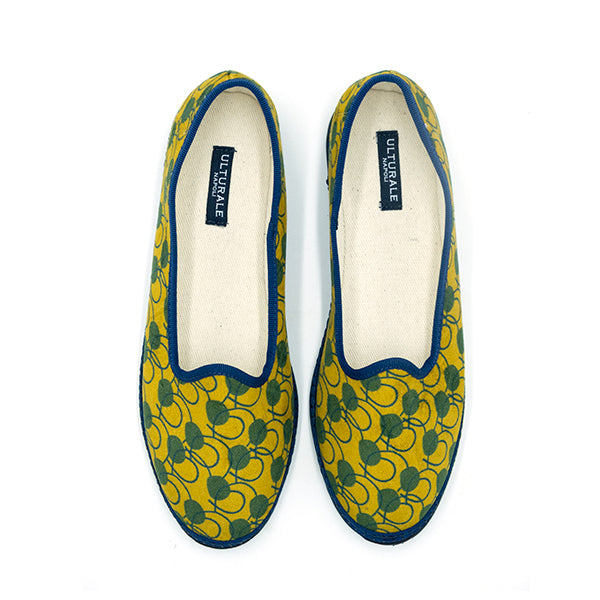 Ulturale Furlane con pattern astratto giallo e verde e bordo blu in 100% velluto di cotone - Ulturale Prezzo Ridotto