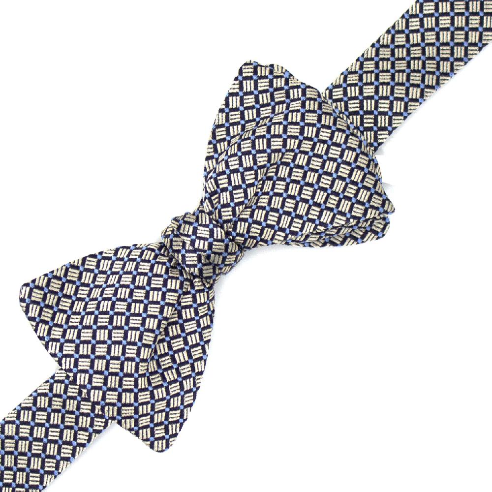 Ulturale Papillon blu con pattern geometrico crema e azzurro in 100% seta - Ulturale Italy