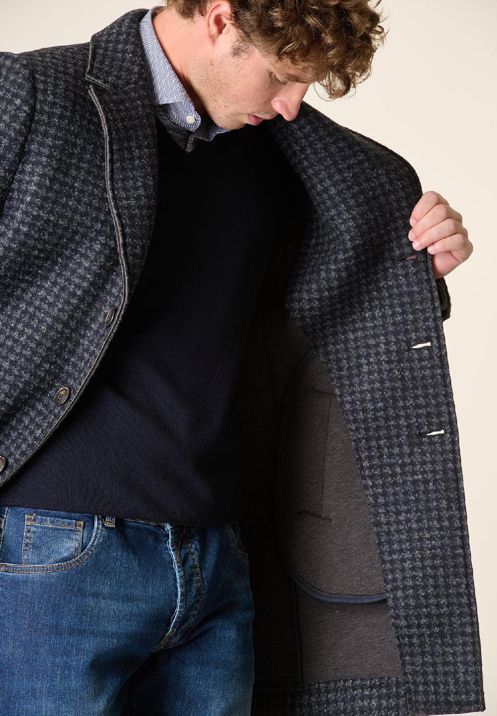 Angelico Cappotto blu grigio melange taglio vivo fantasia Pied de Poule 2025