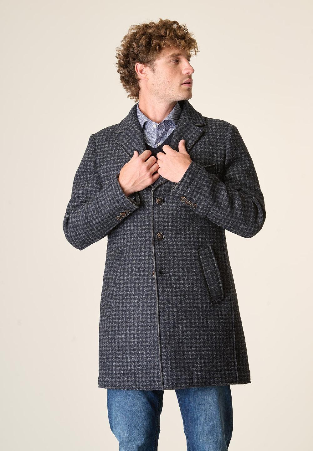 Angelico Cappotto blu grigio melange taglio vivo fantasia Pied de Poule 2025