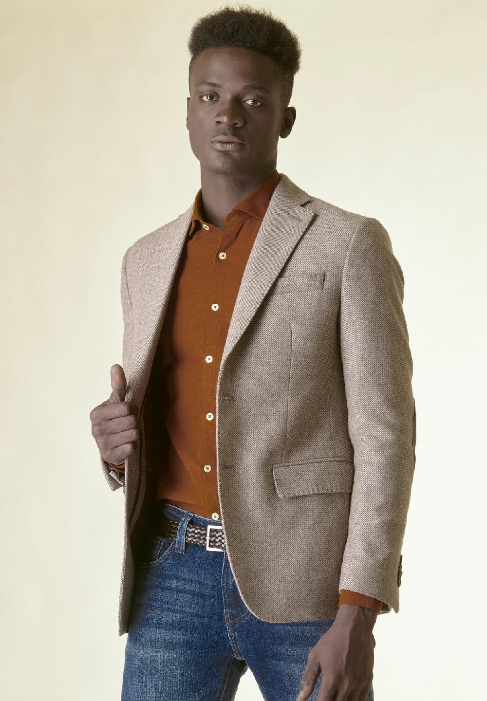 Angelico Giacca beige lana pettorina e toppe custom fit In Linea