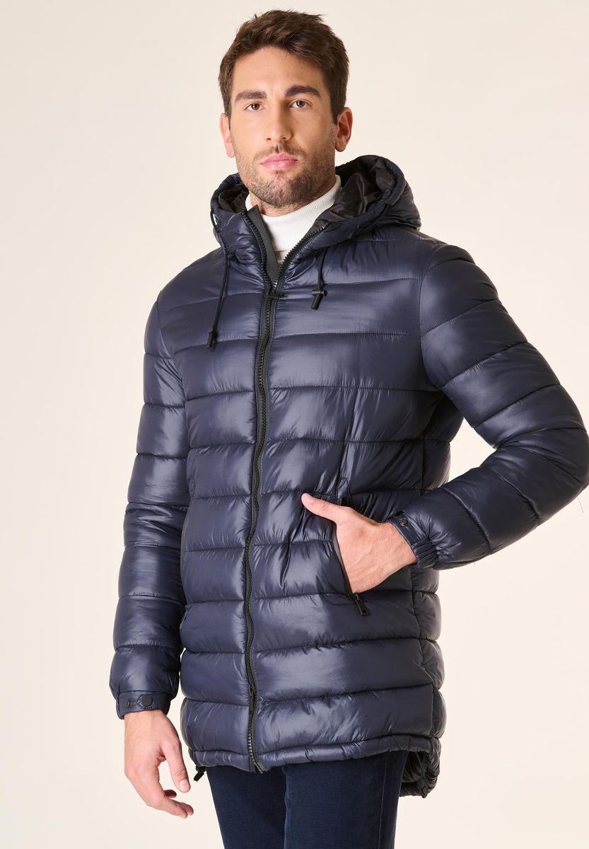 Angelico Giaccone blu lungo trapuntato cappuccio anorak Prezzo Ridotto