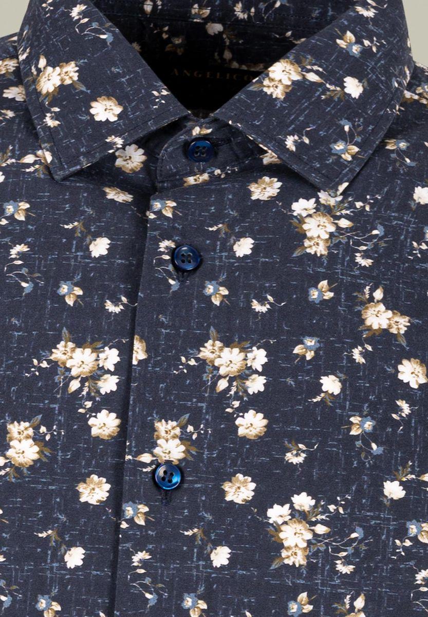 Angelico Camicia blu stampata fiori beige custom fit Economico