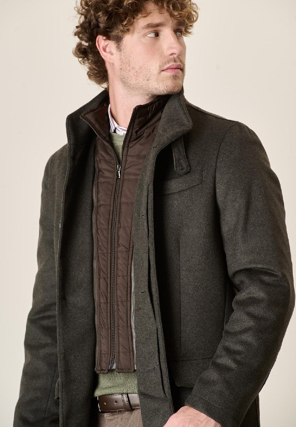 Angelico Cappotto verde misto cashmere collo coreano pettorina staccabile Spedizione Gratuita