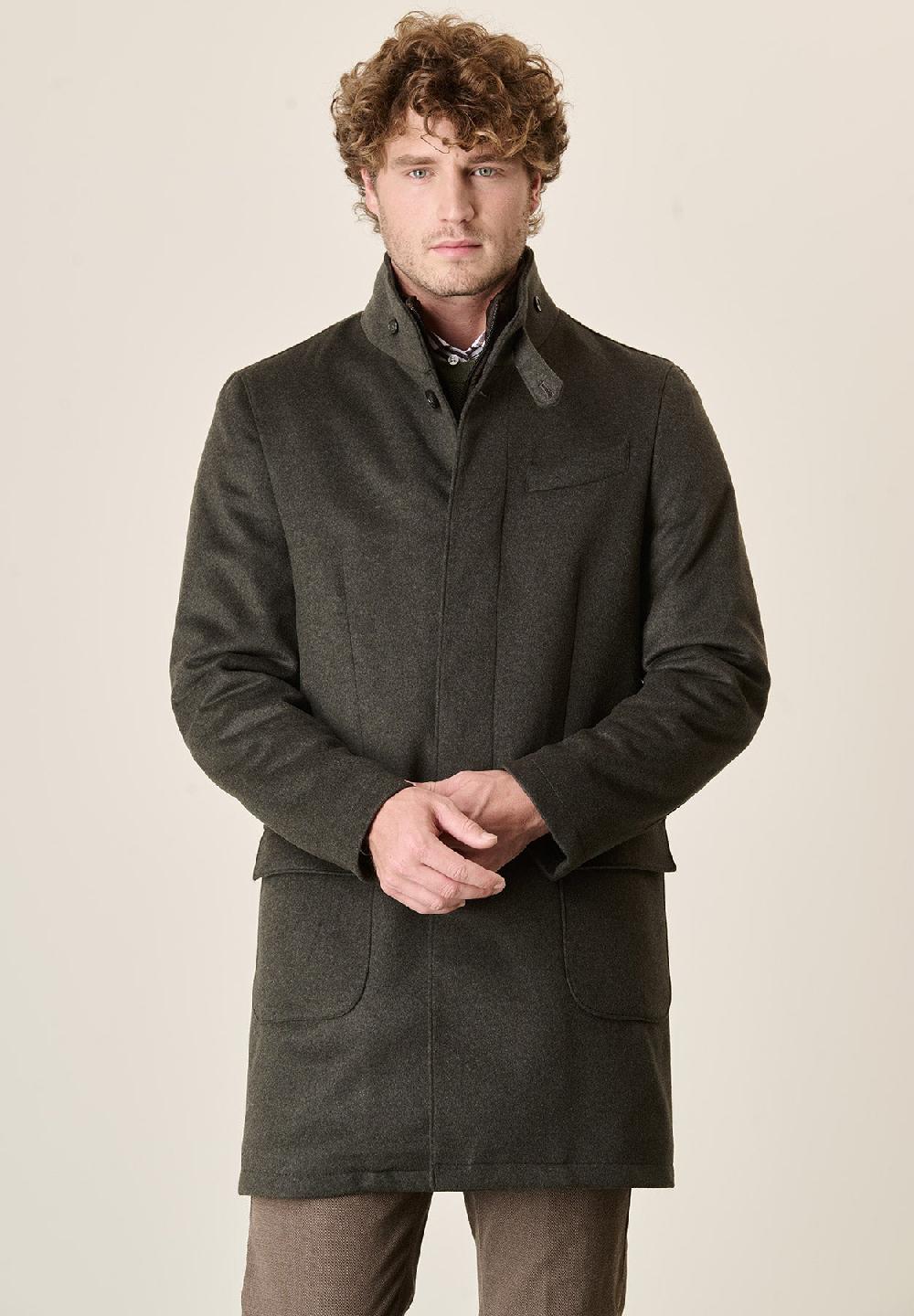 Angelico Cappotto verde misto cashmere collo coreano pettorina staccabile Spedizione Gratuita