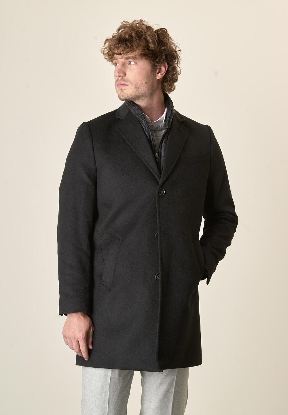 Angelico Cappotto nero misto cashmere pettorina staccabile Soddisfazione Garantita