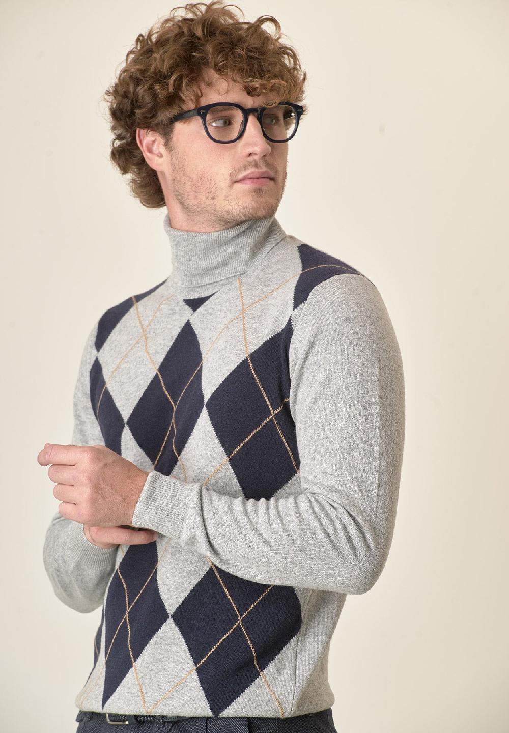 Angelico Dolcevita grigio motivo rombi misto cashmere Fino al 60% di sconto