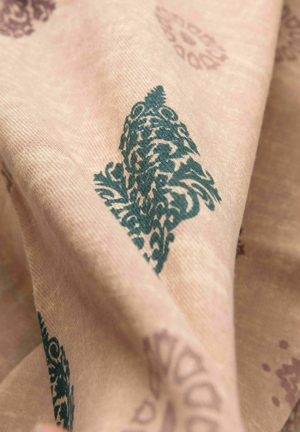 Angelico Sciarpa beige verde fantasia astratta cotone lana frange Prezzo Ridotto